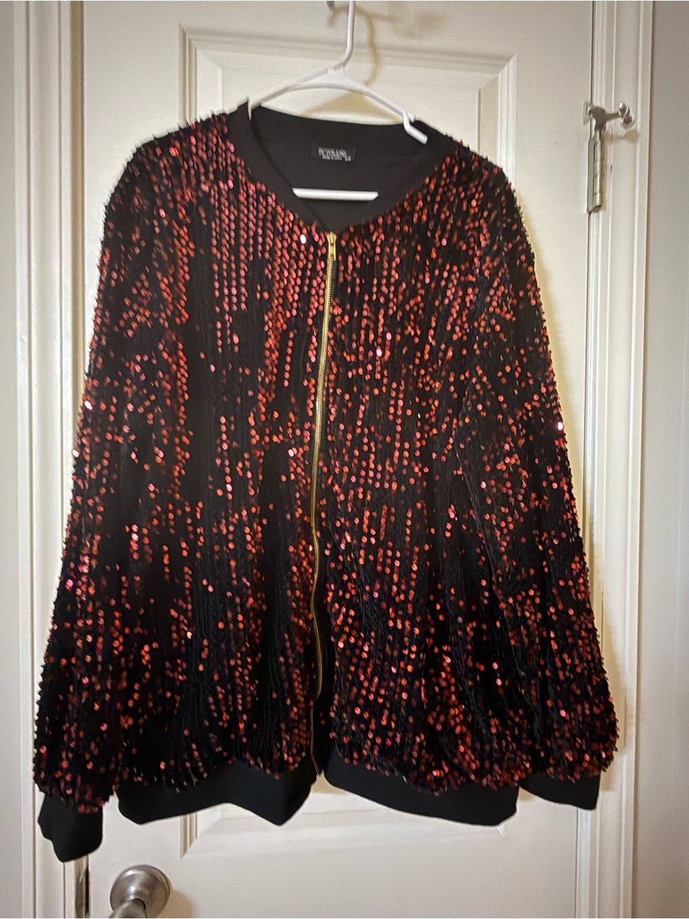 Black Sequin Bomber Jacket with Red Accents - Plus Size 2X